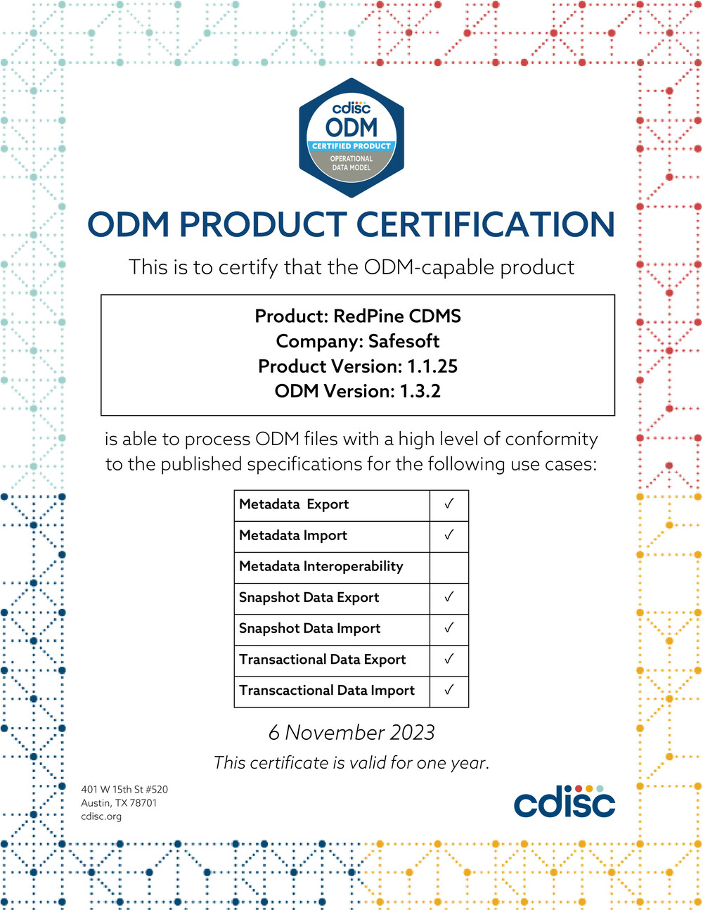 세이프소프트 CDISC ODM 인증 (이미지: 메디파나뉴스)