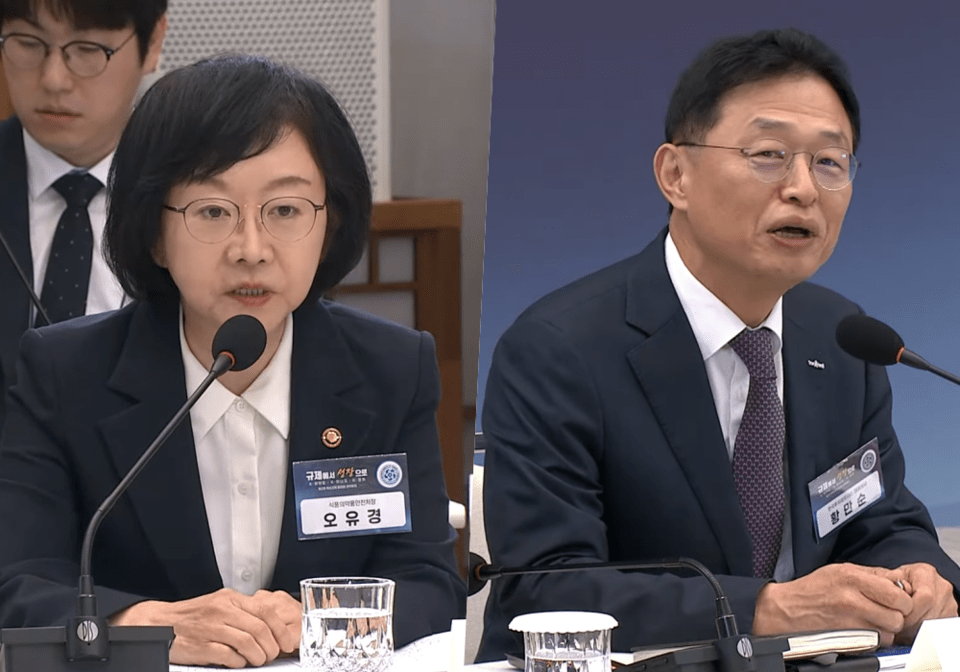 (왼쪽부터) 오유경 식품의약품안전처장, 황만순 한국투자파트너스 대표이사. 사진=이재명 유튜브 채널