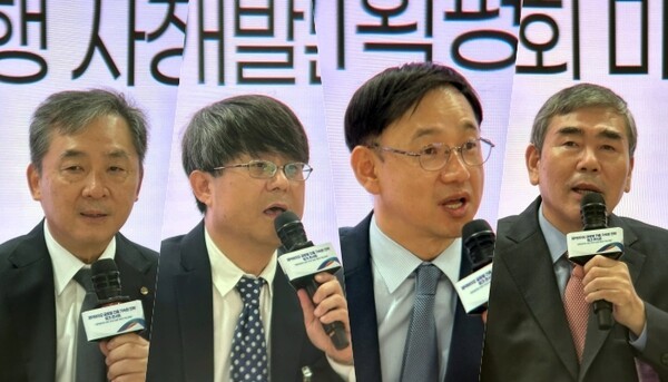 (왼쪽부터) 김열홍 유한양행 사장, 이재우 GC녹십자 개발본부장, 전윤종 한국산업기술기획평가원장, 이관순 한국제약바이오협회 미래비전위원장. 사진=최인환 기자