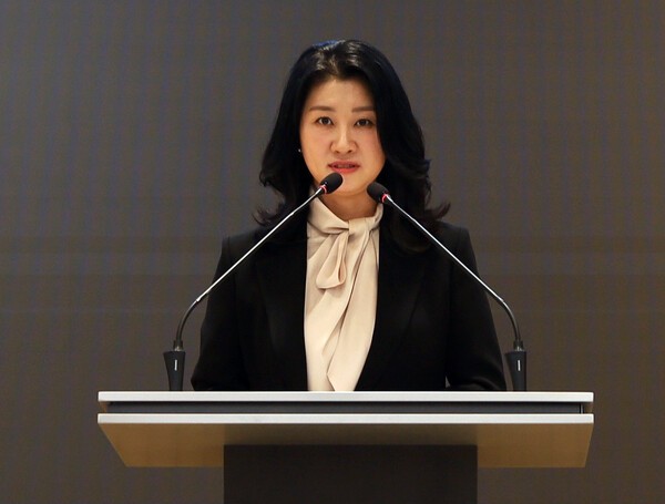 20일 충정로 종근당 본사에서 열린 아첼라 창립식에서 아첼라 이주희 대표가 인사말을 하고 있다.