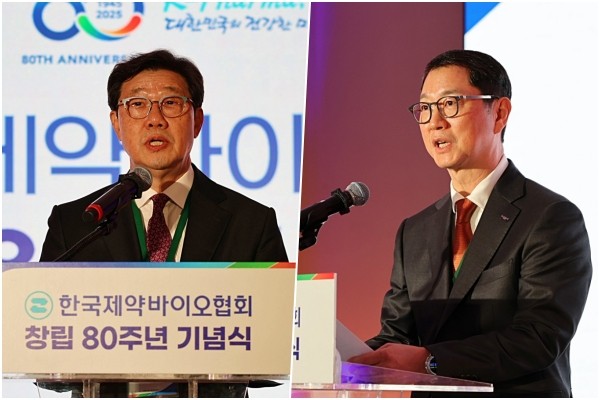 (왼쪽부터) 한국제약바이오협회 노연홍 회장과 윤웅섭 이사장이 24일 창립 80주년 기념행사에서 기념사와 환영사를 하고 있다. 제공=한국제약바이오협회