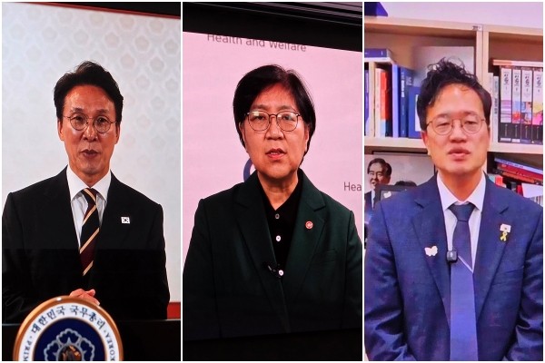 (왼쪽부터) 김민석 국무총리, 정은경 보건복지부 장관, 박주민 국회 보건복지위원장 등이 24일 한국제약바이오협회 창립 80주년 기념행사에서 축사를 하고 있다. 사진=이정수 기자