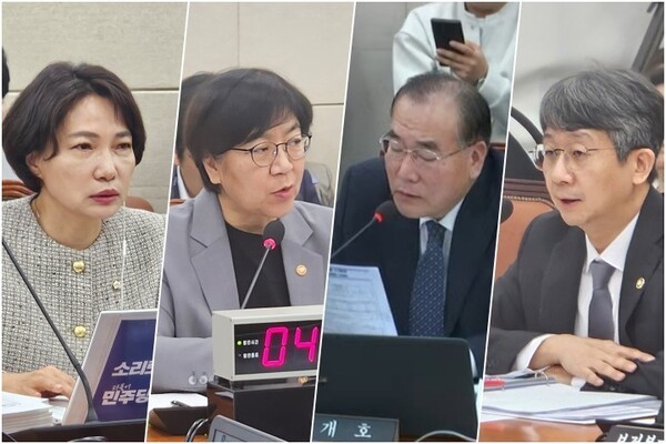 (왼쪽부터) 더불어민주당 서미화의원, 보건복지부 정은경 장관, 더불어민주당 이개호 의원, 질병관리청 임승관 청장. 사진=김원정 기자