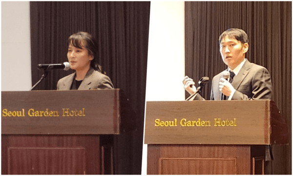 (왼쪽부터) 제이앤피메디 이승미 전무,  한국화학융합시험연구원 마동희 책임연구원. 사진 = 최성훈 기자