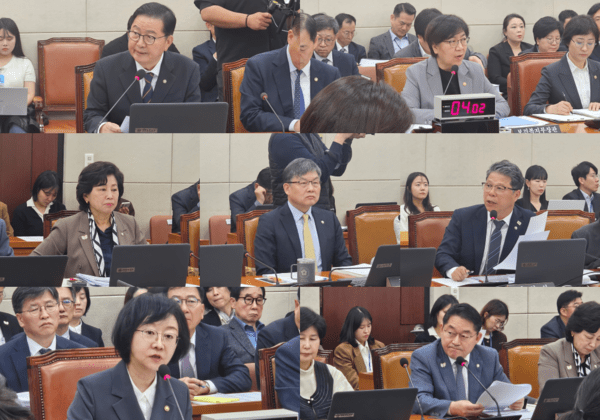 (왼쪽 상단부터 시계방향) 장종태 더불어민주당 의원, 정은경 보건복지부 장관, 서영석 더불어민주당 의원, 박희승 더불어민주당 의원, 오유경 식품의약품안전처장, 남인순 더불어민주당 의원, 김윤 더불어민주당 의원(가운데). 사진=김원정 기자