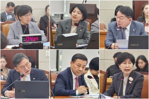 (왼쪽 위부터) 보건복지부 정은경 장과, 국민의힘 한지아 의원, 더불어민주당 박희승 의원(왼쪽 아래부터) 더불어민주당 김윤 의원, 국민의힘 김종헌 의원, 더불어민주당 백혜련 의원. 사진=김원정 기자
