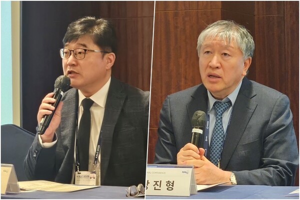 (왼쪽부터) 대한폐암학회 오인재 학술이사, 강진형 회장. 사진=김원정 기자