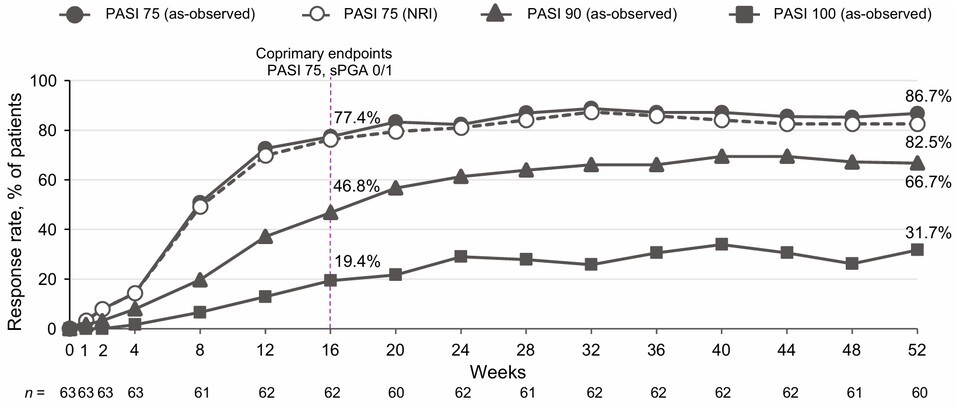 듀크라바시티닙의 52주간 PASI 75,90,100 달성률(Imafuku S et al, J Dermatol, 2024). 제공=한국BMS제약