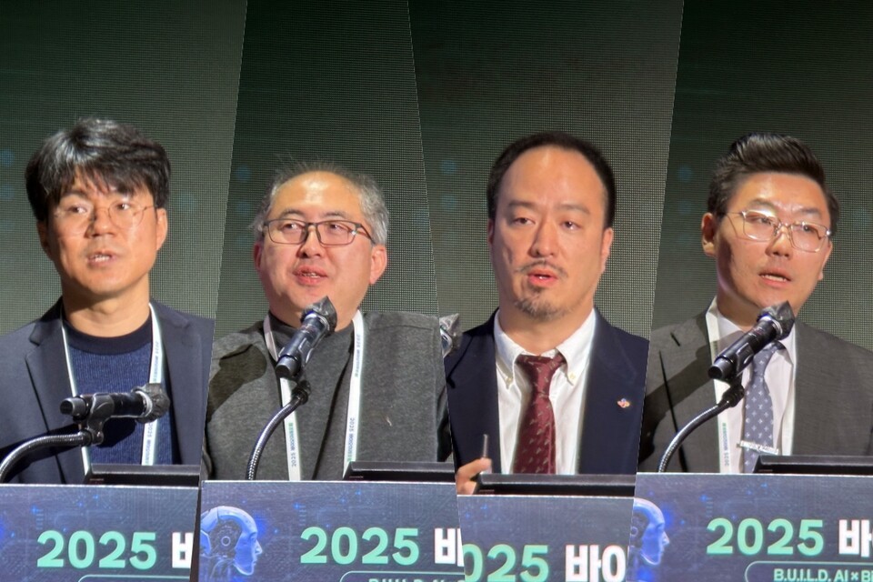 12일 '2025 바이오미래포럼'에서 각 발표자들이 발표를 진행하고 있다. (왼쪽부터) 김우연 카이스트 화학과 교수, 황대희 서울대학교 생명과학부 교수, 정준영 CJ제일제당 BIO연구소 박사, 이재훈 성신여자대학교 법학부 교수. 사진=최인환 기자