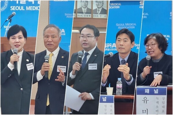 (왼쪽부터) 전현희 더불어민주당 수석 최고위원, 황규석 서울특별시의사회장, 서울시약사회 김위학 회장, 김용범 법무법인 오킴스 대표변호사(서울시치과의사회 고문변호사), 유미화 녹색소비자연대 전국협의회 상임대표.. 사진=김원정 기자